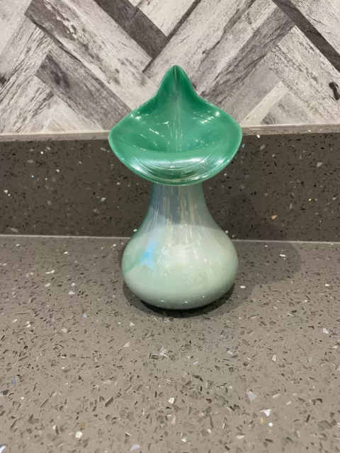 Vintage Green Lustre Glass Orchid Shaped Bud Vase -6” Tall