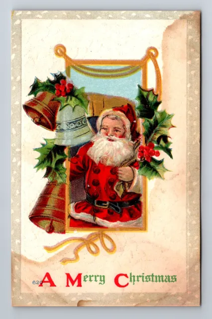 A Merry Christmas, Santa Claus, Holly, Bells, Embossed, Vintage Postcard