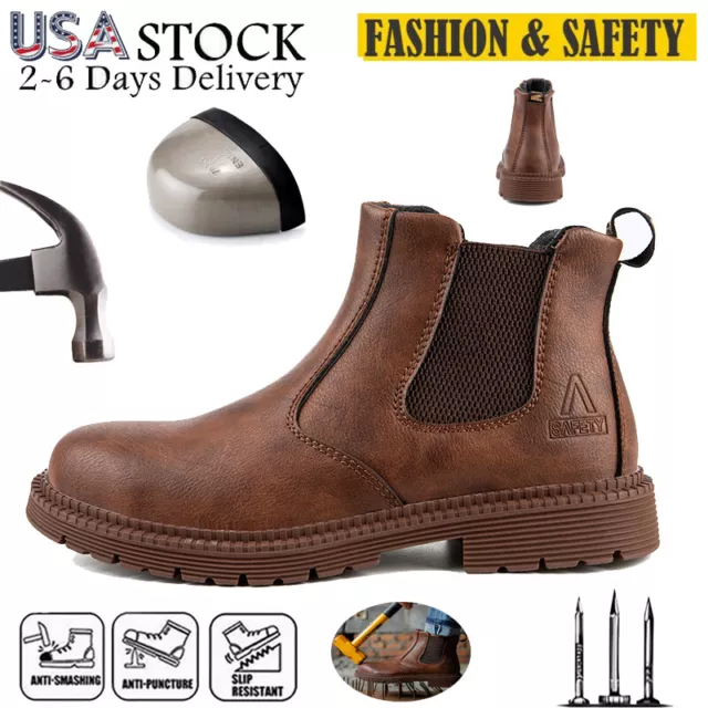 Safetoe Mens Safety Shoes Steel Toe Lightweight Work Boots Slip on Leather Shoes