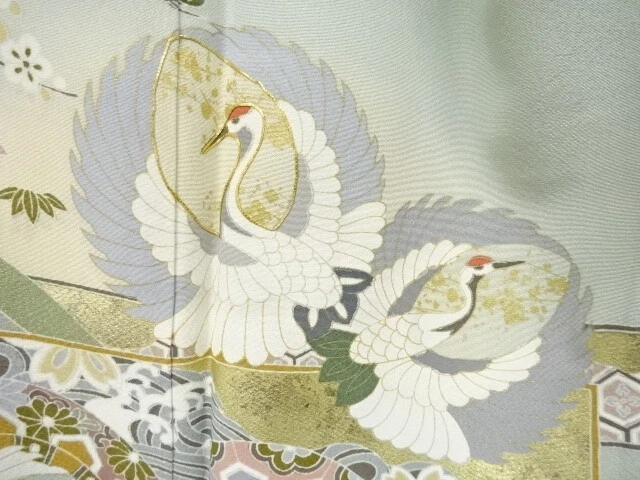 6530225: Japanese Kimono / Antique Kimono / Kinsai / Embroidery / Crane & Shochi