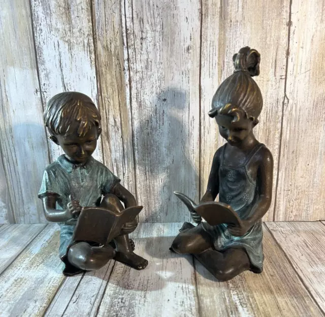 Brass Boy Drawing Girl Reading Bookends Pair Whimsy Home Décor Child Room