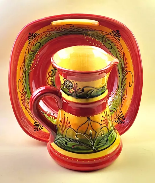 El Poyeton Hand Painted Spain Ceramic Art Pottery 9" Pitcher & 12.5"Serving Bowl