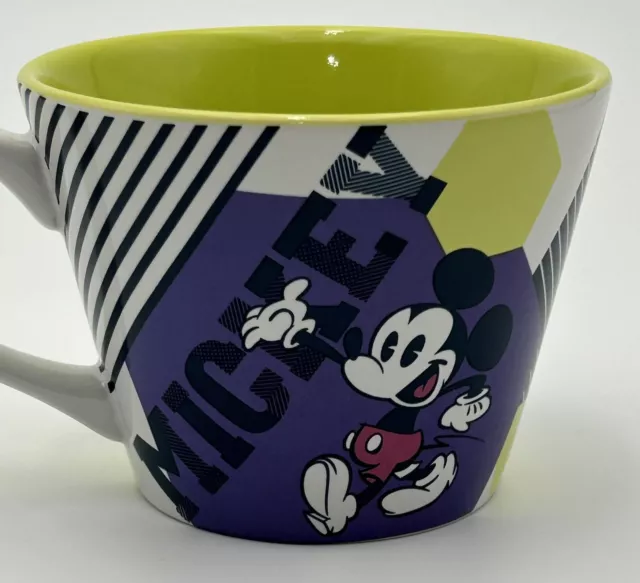 Disney Store Mickey Mouse Coffee Mug Geometric WideMouth Purple & Lime Green EUC 3