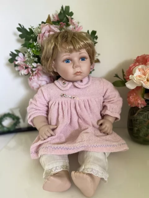 21" Antique German Bisque Cloth Body Baby Porcelain Face Limbs Blond Blue Eyes