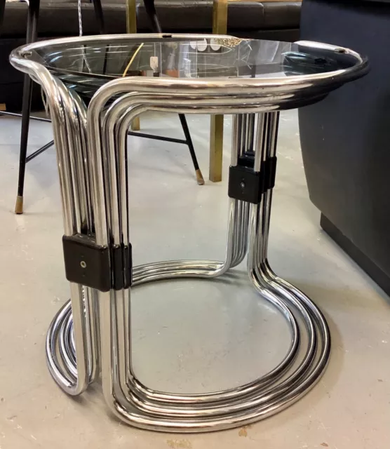 Vintage Mid Century 1970s Italian Tubular Chrome & Glass Nest of Tables