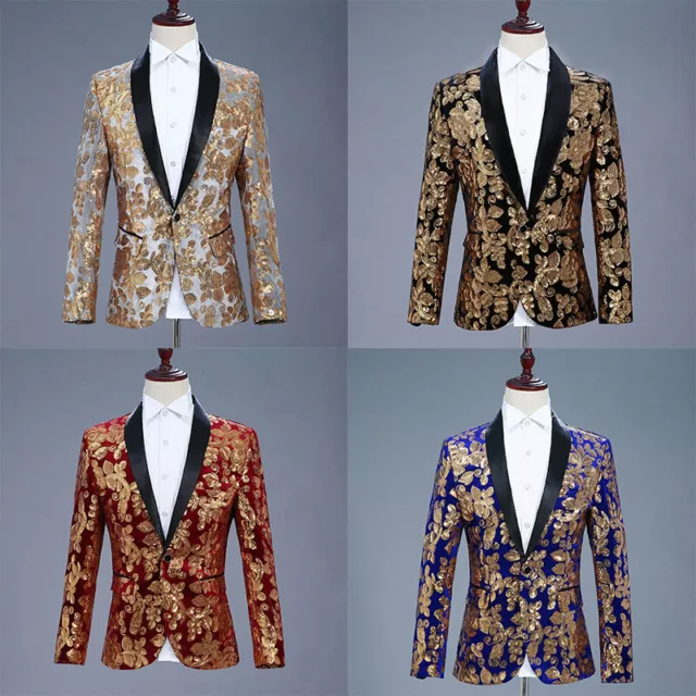 Mens Floral Sequin Shawl Lapel Suit Jacket Velvet Blazer Wedding Prom Coat