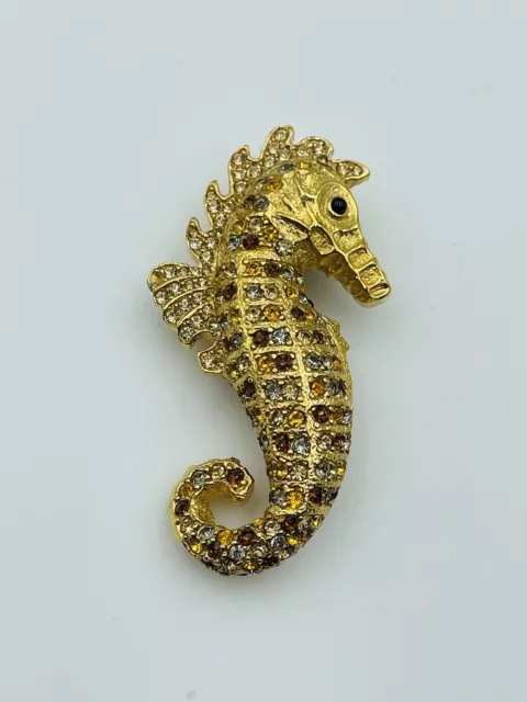 Ciner Vintage or Jaune Plaqué Strass Hippocampe Broche