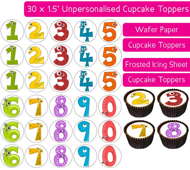 30 CARTOON NUMBERS Edible Wafer & Icing Cupcakes Toppers Birthday Party