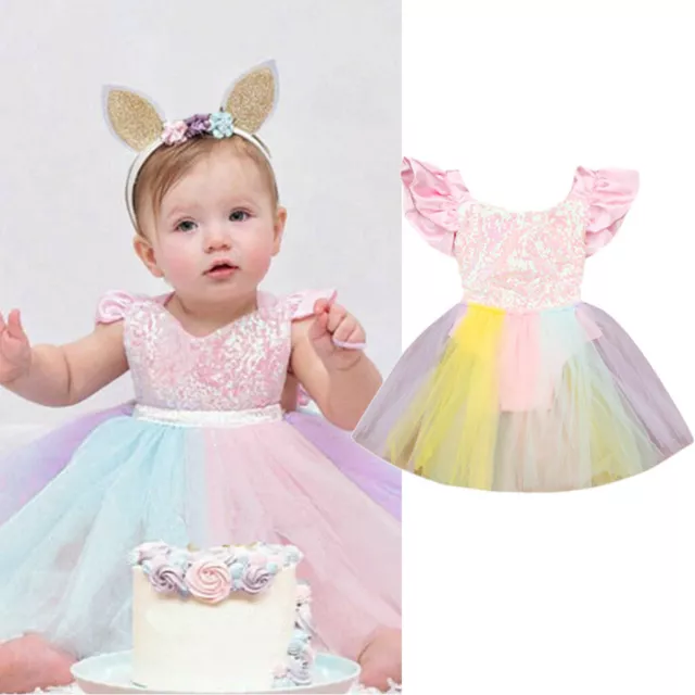 🕥Toddler Kids Baby Girl Rainbow Sequins Princess Romper Sleeveless Tutu Dress