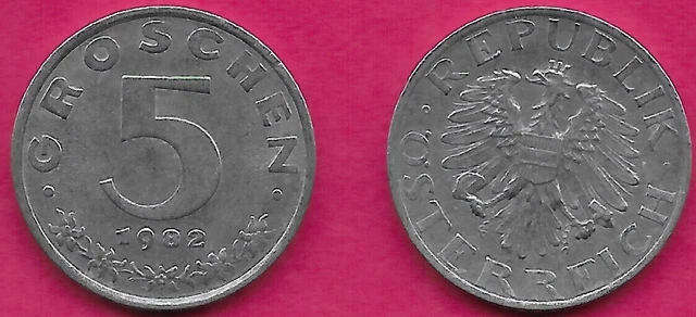 Austria 5 Groschen 1982 Vf Imperial Eagle With Austrian Shield On Breast,Ho
