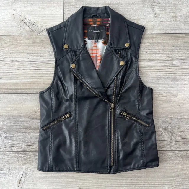 Sanctuary Black Faux Leather Vest Sleeveless Zip Up Moto Jacket Women’s Size XS
