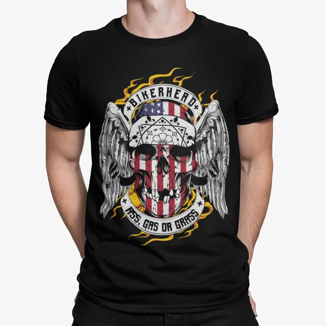 T-shirt uomo Biker Head bandiera USA teschio moto