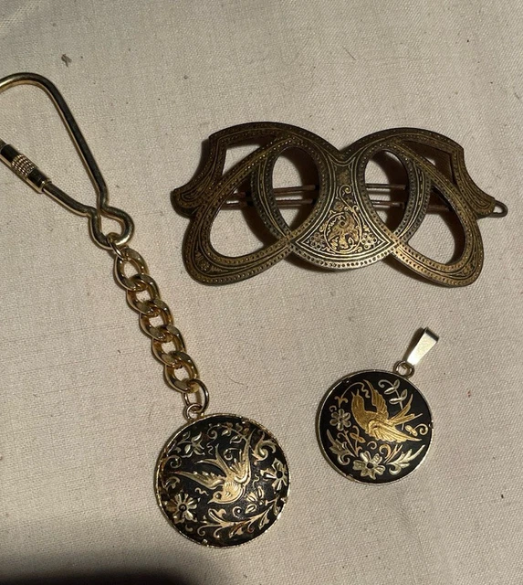 Broche Ancienne En Or De Tolède - Motif Oiseau, Couleur Doré/noir/gris - Bijou Vintage Espagnol Occasion
