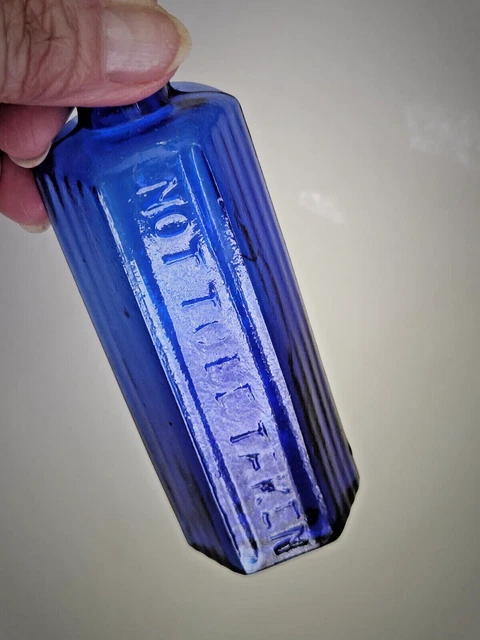"NOT TO BE TAKEN" BLUE POISON BOTTLE- 6 SIDED w VERTICAL RIDGES  ON SIDES #843