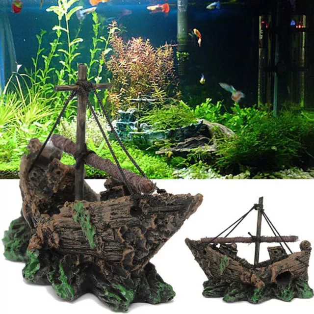 Aquarium Ornament Wreck Sunk Ship Sailing Boat Destroyer Fish Tank Cave Deco#km