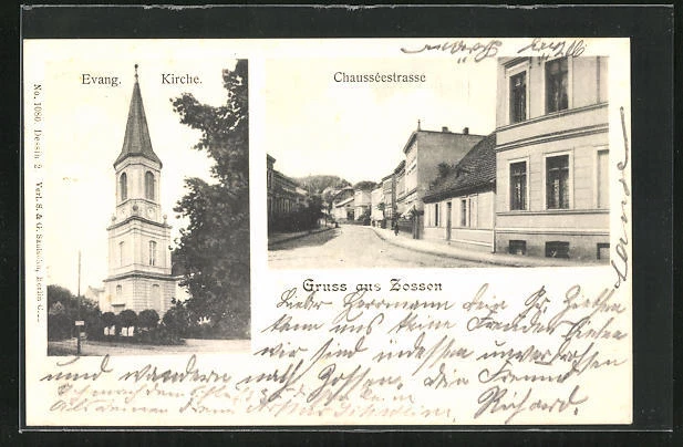 AK Zossen, Chausseestrasse, Evang. Kirche 1903