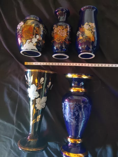 5 Deko Vasen Blumen Alt Blau Gold Glas Mit Gravur Porzellan Set Sammler Antik