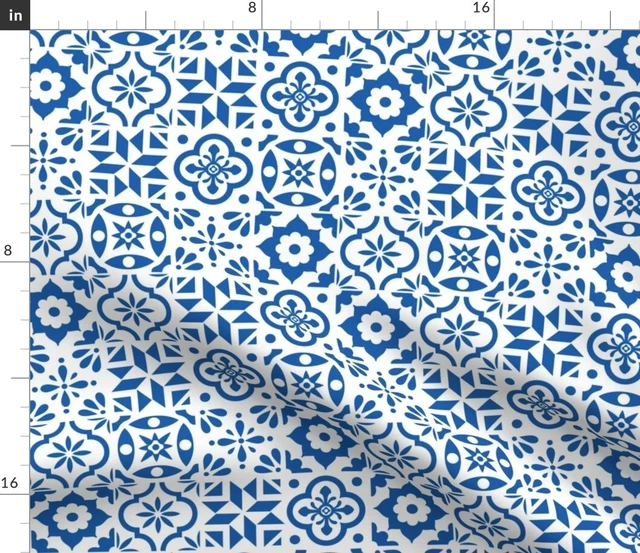 White Blue Geometric Pattern Tile Spanish Ceramic Spoonflower Fabric by the Yard