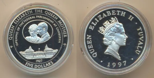 Tuvalu: 1997 QEII $5 Proof 1oz 925 Silver Queen Mother Canberra Parliament
