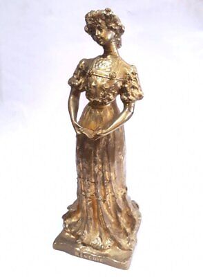 Antique Ruffony Reverie Sculpture Gilded Bronze Nouveau Statue Woman Book 20th