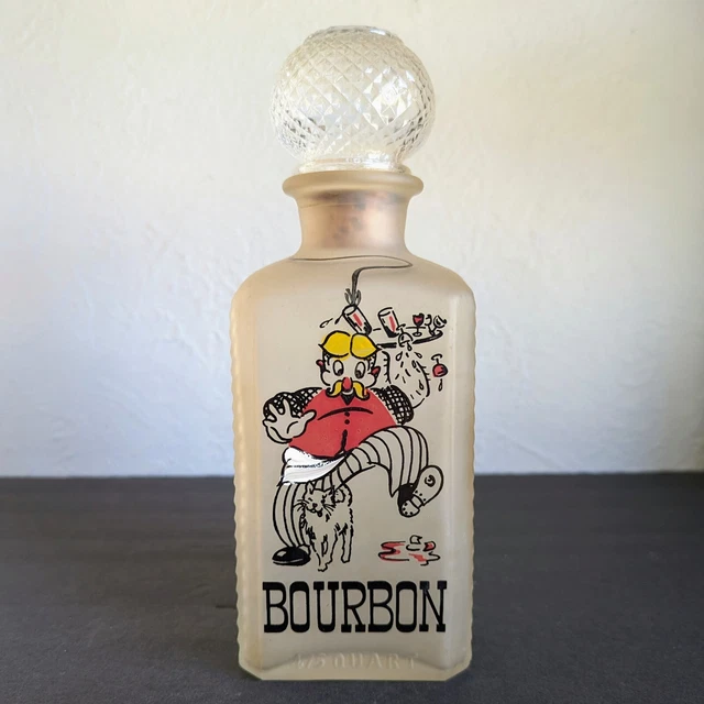 VINTAGE FROSTED GLASS Bourbon Liquor Decanter With Bartender. Xz 18.76