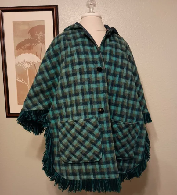 Vintage Pioneer Wear One Size Reversible Riding Poncho Cape Blue Wool Plaid