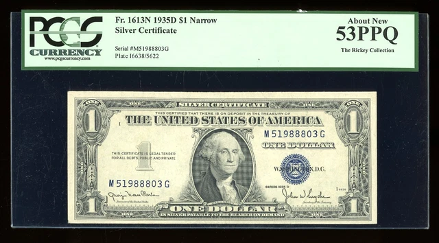 DBR 1935-D $1 Silver Fr. 1613N Narrow MG Block PCGS 53 PPQ Serial M51988803G