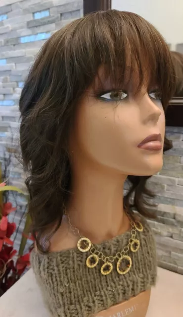 Dark Brown Layered Wavy Human Hair lightweight Wig sheitel 13" straight L Cap Dark Brown Layered Wavy Human Hair lightweight Wig sheitel 13" straight L Cap