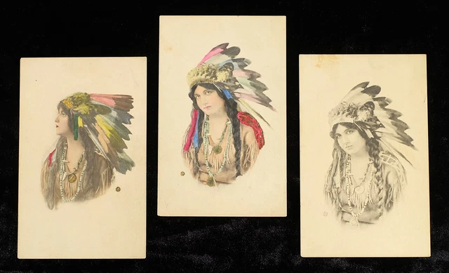 Lot of 3 Native American Woman Antique Post Cards - Bergman 1912-Era Hand-Tinted