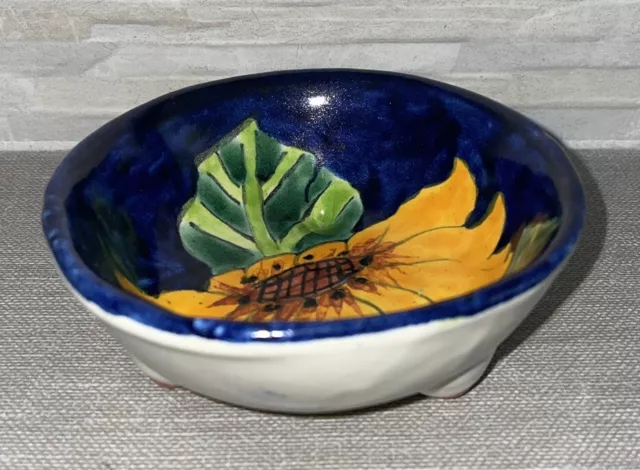 VTG Talavera Mexican Sunflower Footed Blue Pottery Bowl 4”