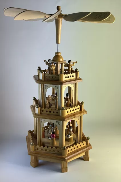 Vintage German Wooden Windmill Christmas Nativity Candle Carousel Pyramid 3 Tier