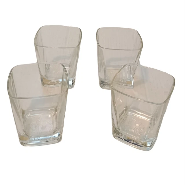 Crown Royal Glasses Lowball Clear Square Bottom Embossed Crown Logo Set Lot of 4