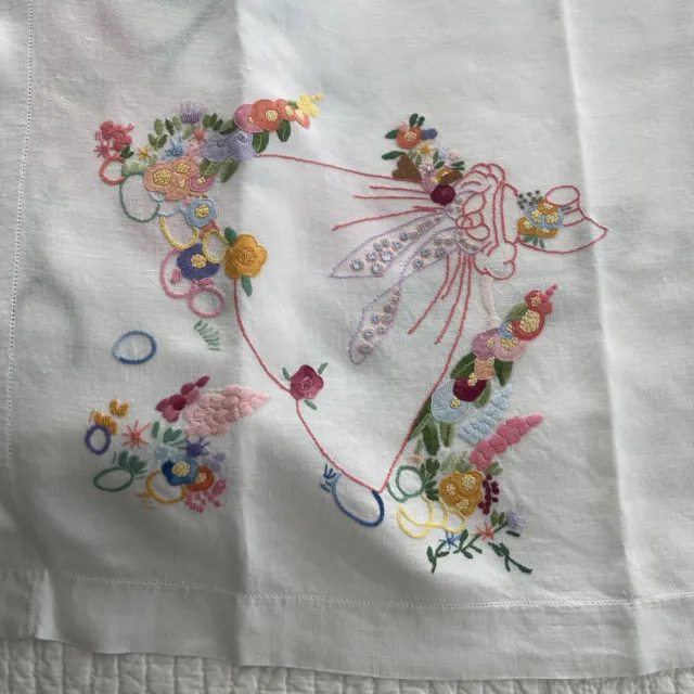 vintage crinoline lady Hand embroidered tablecloth Linen