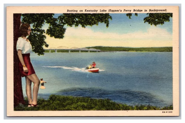Hardin KY Boating on Kentucky Lake Eggner's Ferry Bridge Linen Postcard