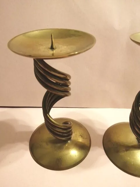 VTG Retro Art Deco Set Solid Brass Twirling Candle Holders From France 6" Tall 2