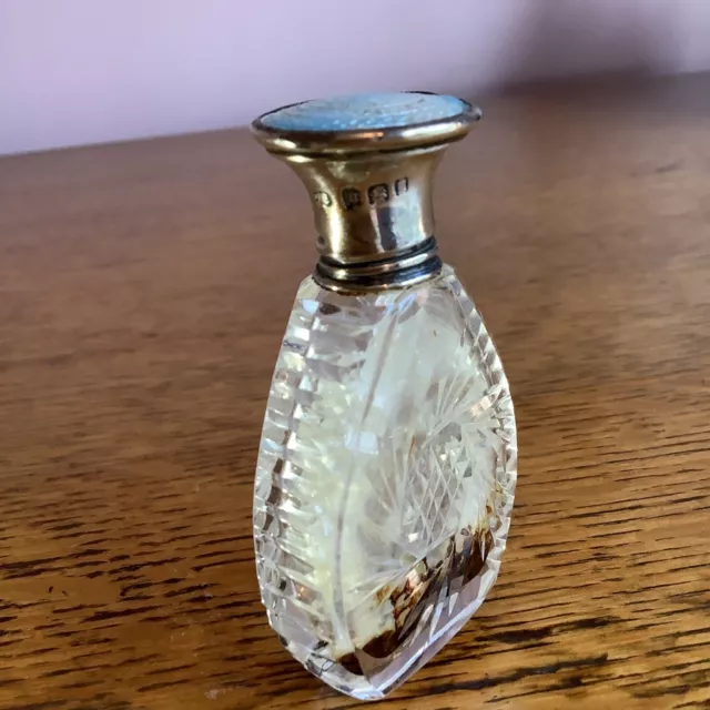 Antique / Vintage Cut Glass and Silver Smelling Salts Crystals Perfume Bottle