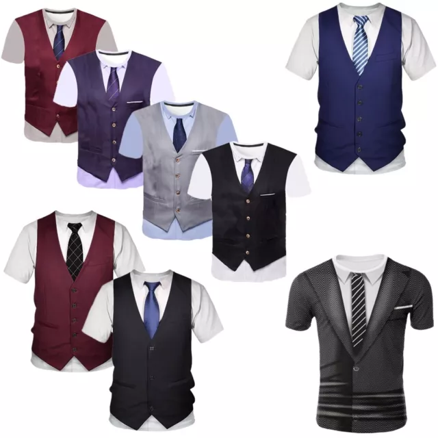 Hombres Impreso en 3D Traje de Esmoquin Mangas Cortas Camiseta Falsa Moño Corbata Chaleco Patrón Blusa 2