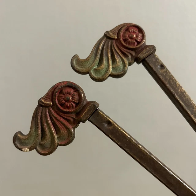 Antique Victorian Swing Arm Adjustable Curtain Rods Painted Metal Scroll Floral 3