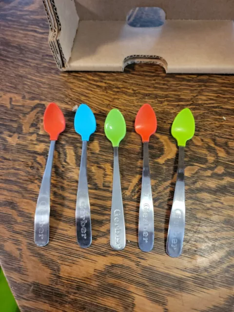 Vtg. GERBER Baby Spoons (Lot of 5) Stainless Steel w/Assorted Color Coatings