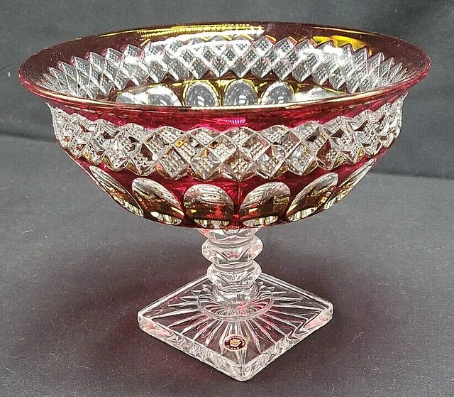 Westmoreland EAPG Ruby Red Flashed Clear Glass Pedestal Compote Original Sticker