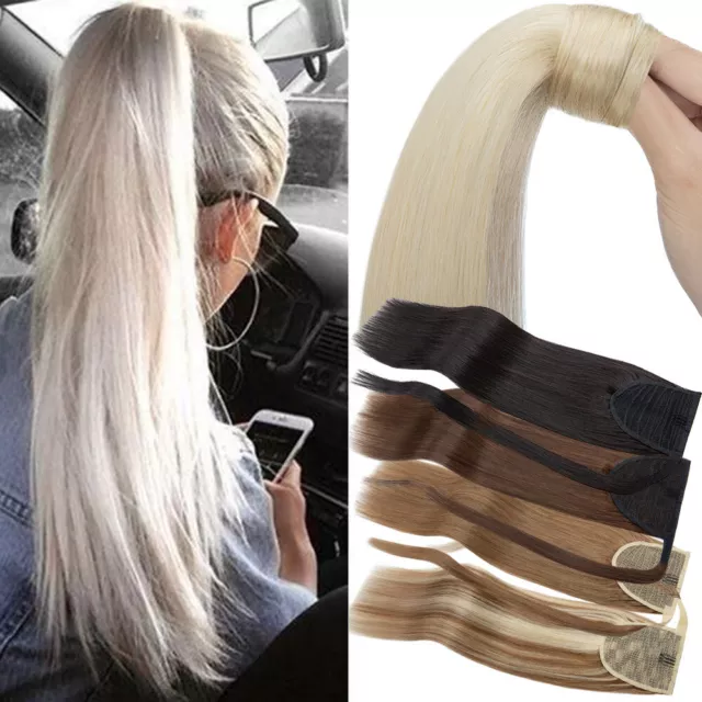 Lang Clip In Remy Echthaar Pferdeschwanz Ponytail Extensions Zopf Haarteil BLOND