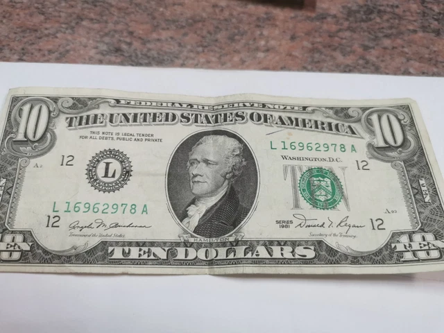 1981 $10 Ten Dollar Bill Federal Reserve Note  New York Vintage Old Currency