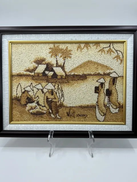 Vtg VIETNAM Village People RICE PAINTING Asian Art - Pic Made Entirely Of Rice!