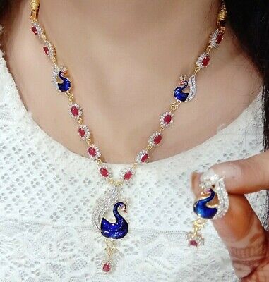 Indian Ethnic Peacock Necklace Earrings Set AD Stone Gold Plated Kundan Choker