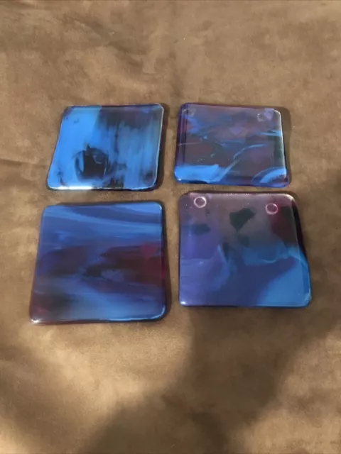 4 Art Glass Fused 4" Square Blue/ Purple Swirl Coasters Made In Montana