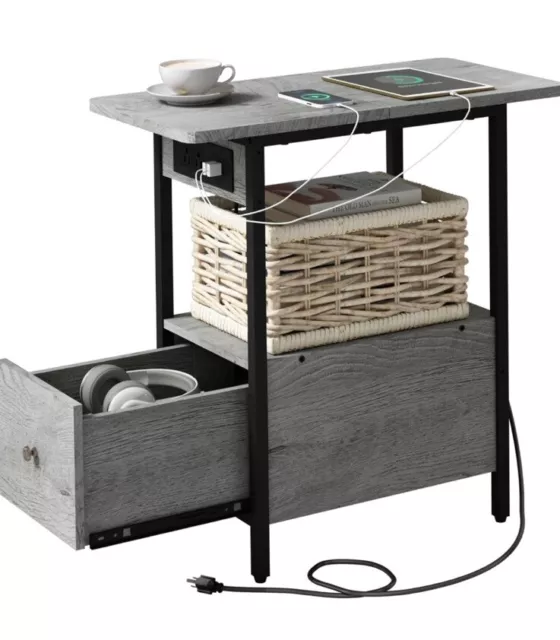 LIDYUK End Table with Charging Station, Narrow Side Table with Drawer and USB Po