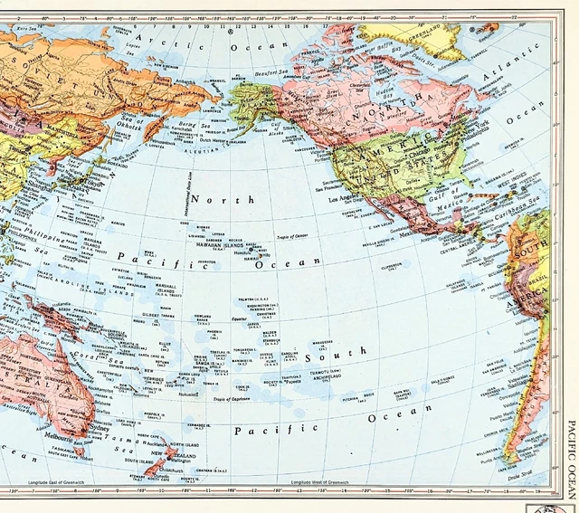 1956 Pacific Ocean Map Hawaii Australia United States China Soviet Union Alaska