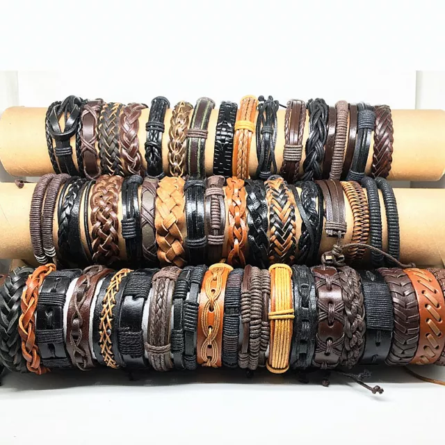 Wholesale 30pcs Mixed Styles Men's Women's Handmade Genuine Leather Bracelets 2