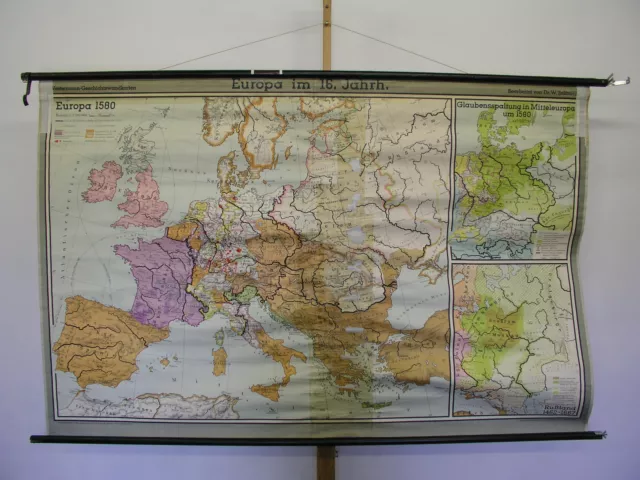 Beautiful Old School Wall Map Europa 16.Jh. Century History 203x130 1955