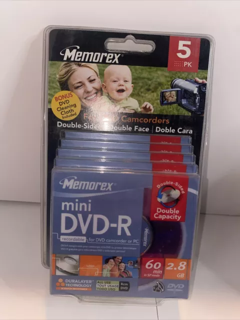 Memorex Mini DVD-R 60 Min 4X 2.8GB Double Sided For Camcorder or PC 5 pack NEW